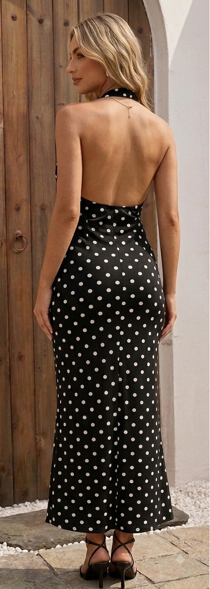 Halter Neck Backless Polka Dot Maxi Dress