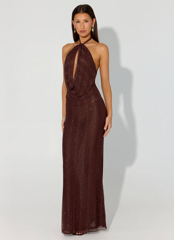 Haylan Sparkle Mesh Maxi Dress Chocolate