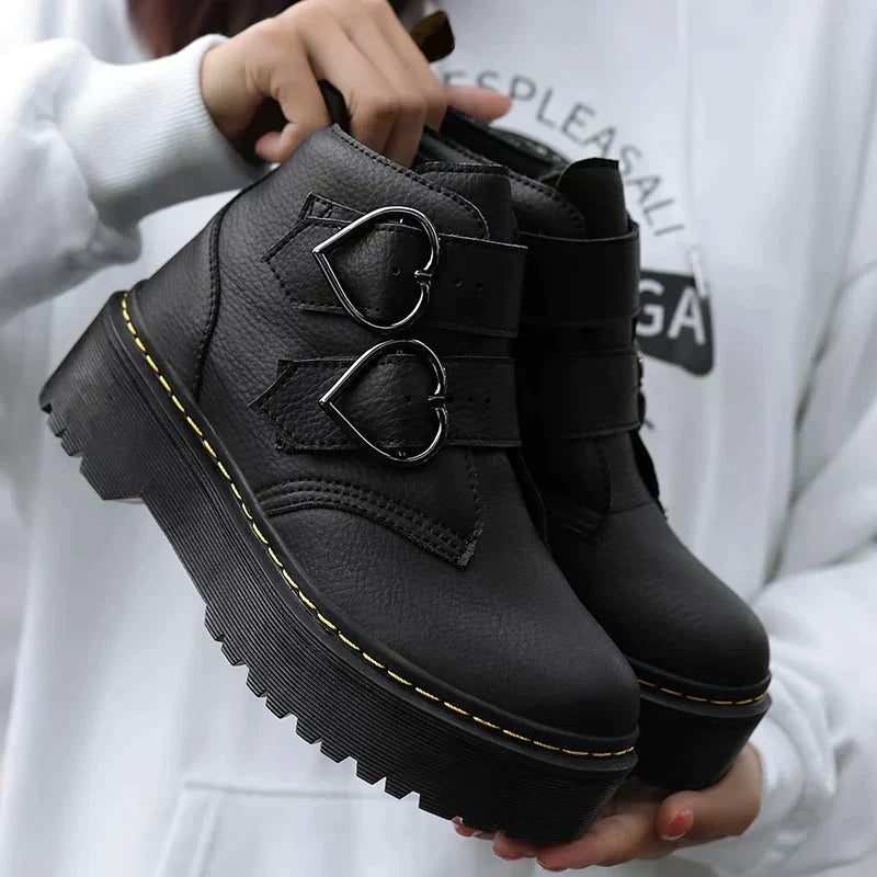 Women's Ankle Boots – Leather, Heart-Shaped Buckles, Casual for Everyday Wear