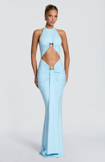 Sky Blue Cutout Halter Maxi Dress