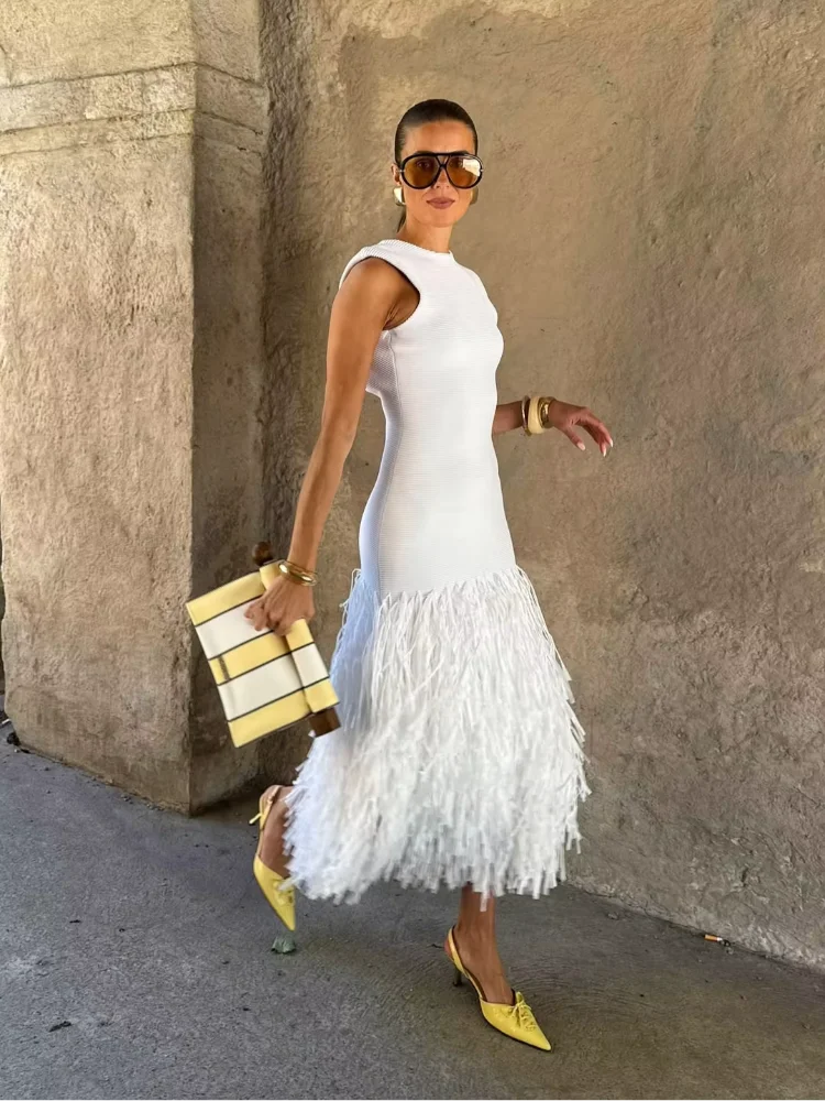 Elena | White Fluffy Tassel Midi Dress