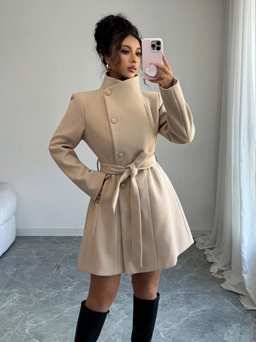 Belted Long Sleeve Winter Coat with Pockets