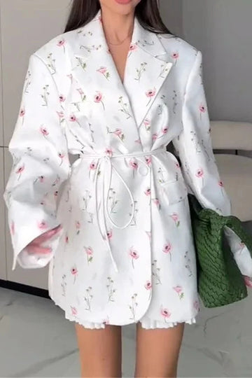 Printed Belted Loose Fit Blazer