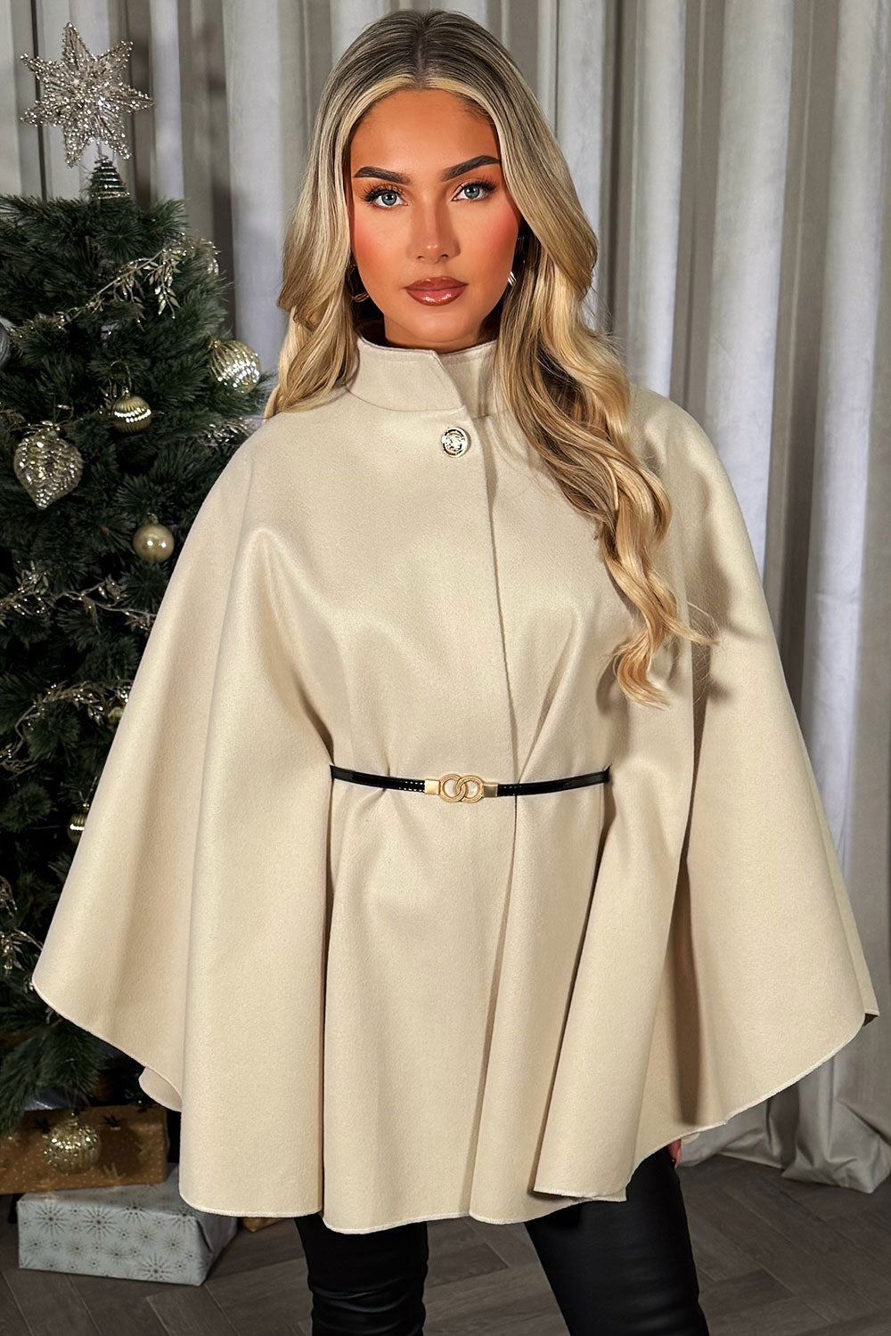 High Neck Belted Cape Poncho with Gold Button Detail