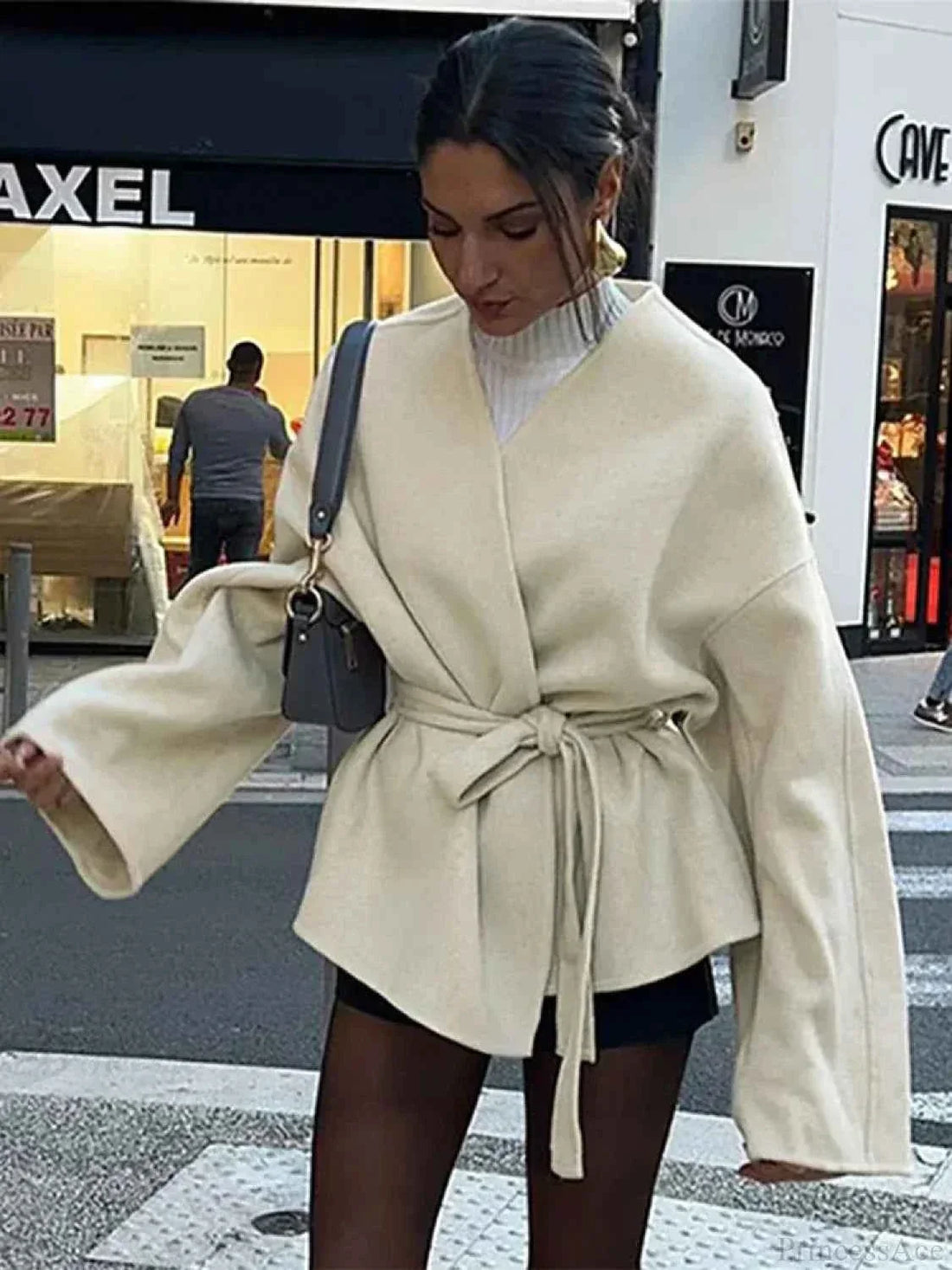 Open Coat with V-Neck, Tie Waist Cord and Lapel