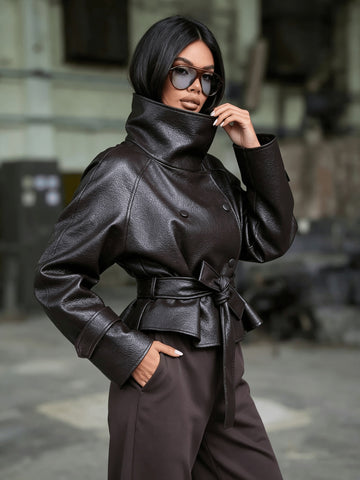 High Neck Double-Breasted Belted Coat