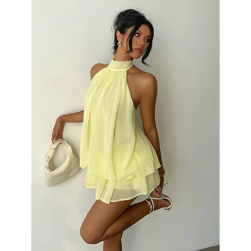 Pleated Halter Tiered Mini Dress