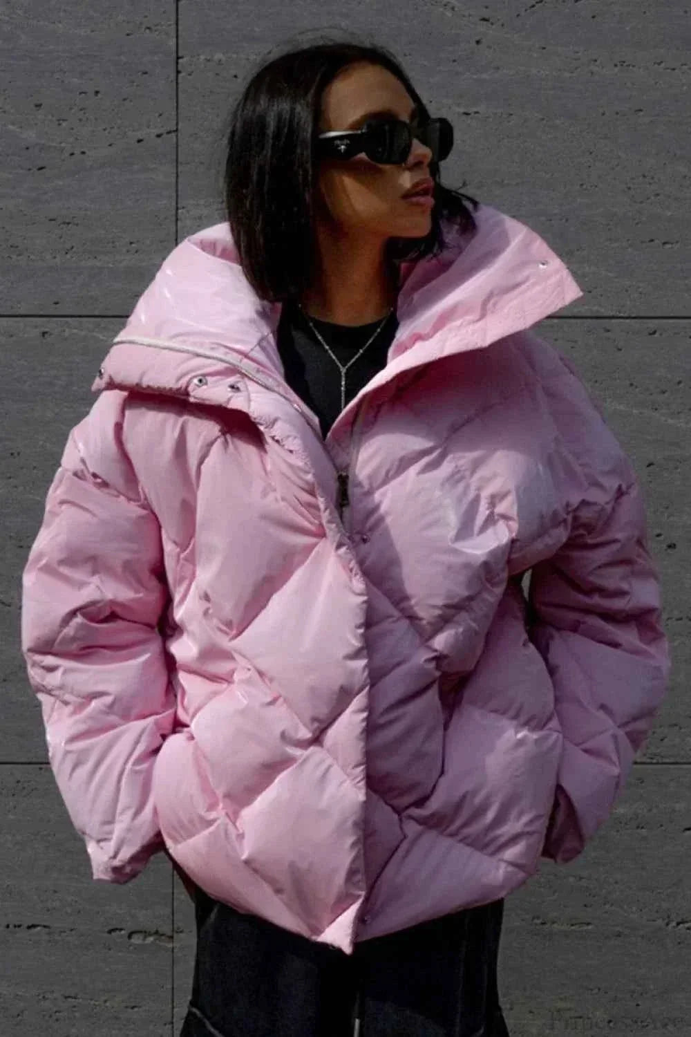Quilted Coat with Oversized Lapels and Loose Fit