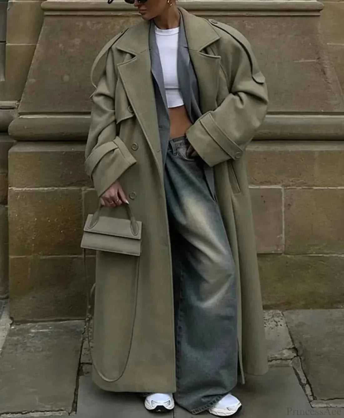 Double-Breasted Brushed Coat with Belt and Turn-Down Collar