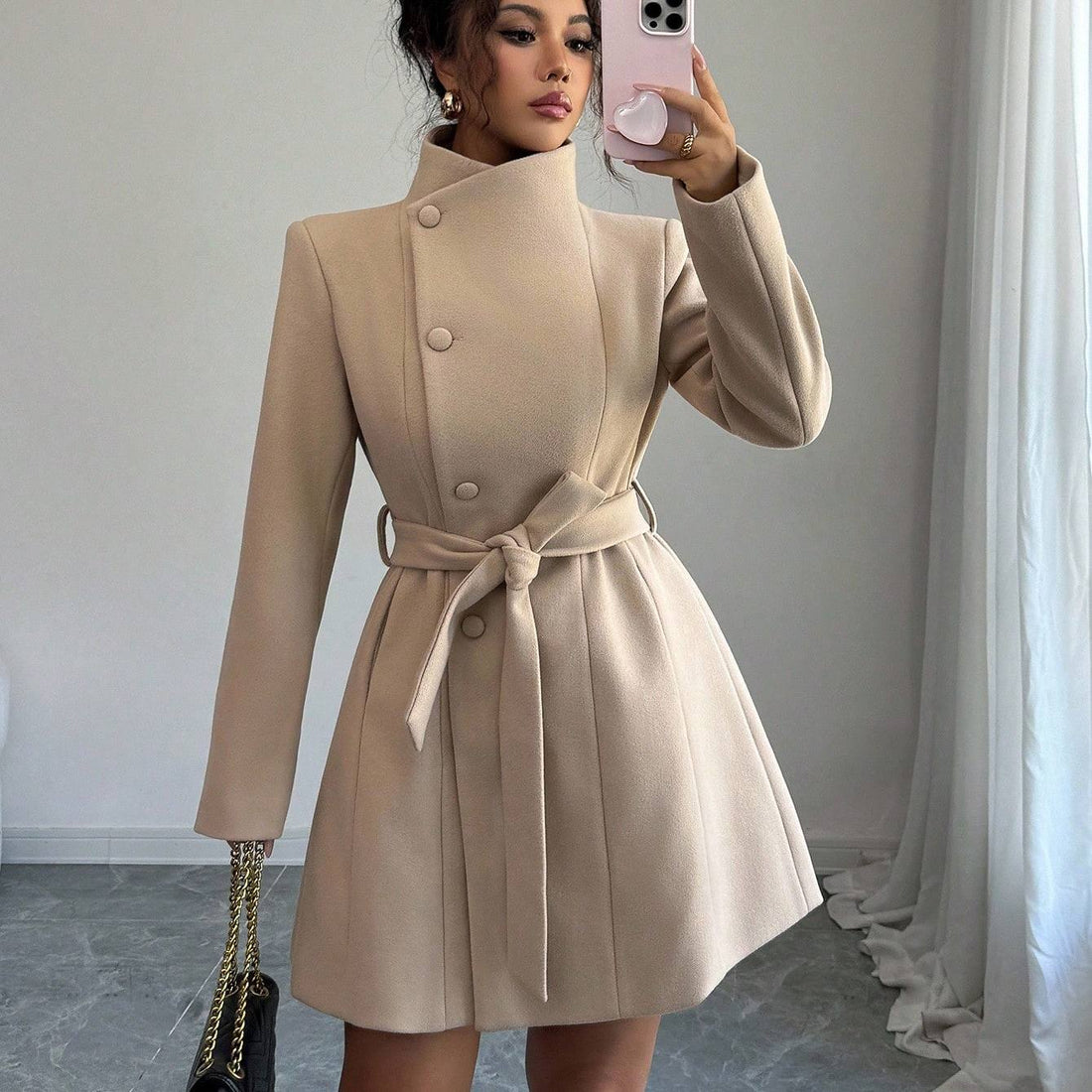 Women's Tweed Coat with Belt and Pockets