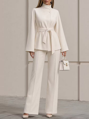 Belted Stand Collar Tunic & Wide Leg Pants Set