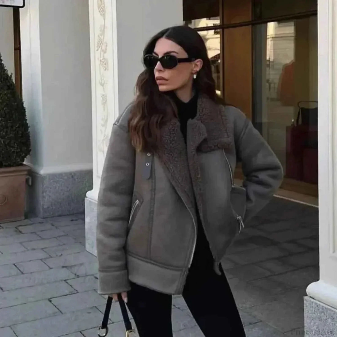 Short Faux Leather Coat with Faux Fur Collar and Tie Belt