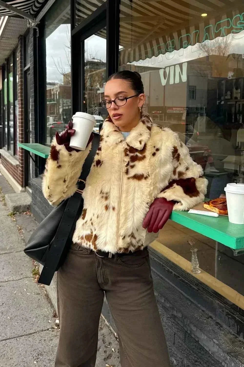 Faux Fur Coat with Leopard Print and Lapel Collar Detail