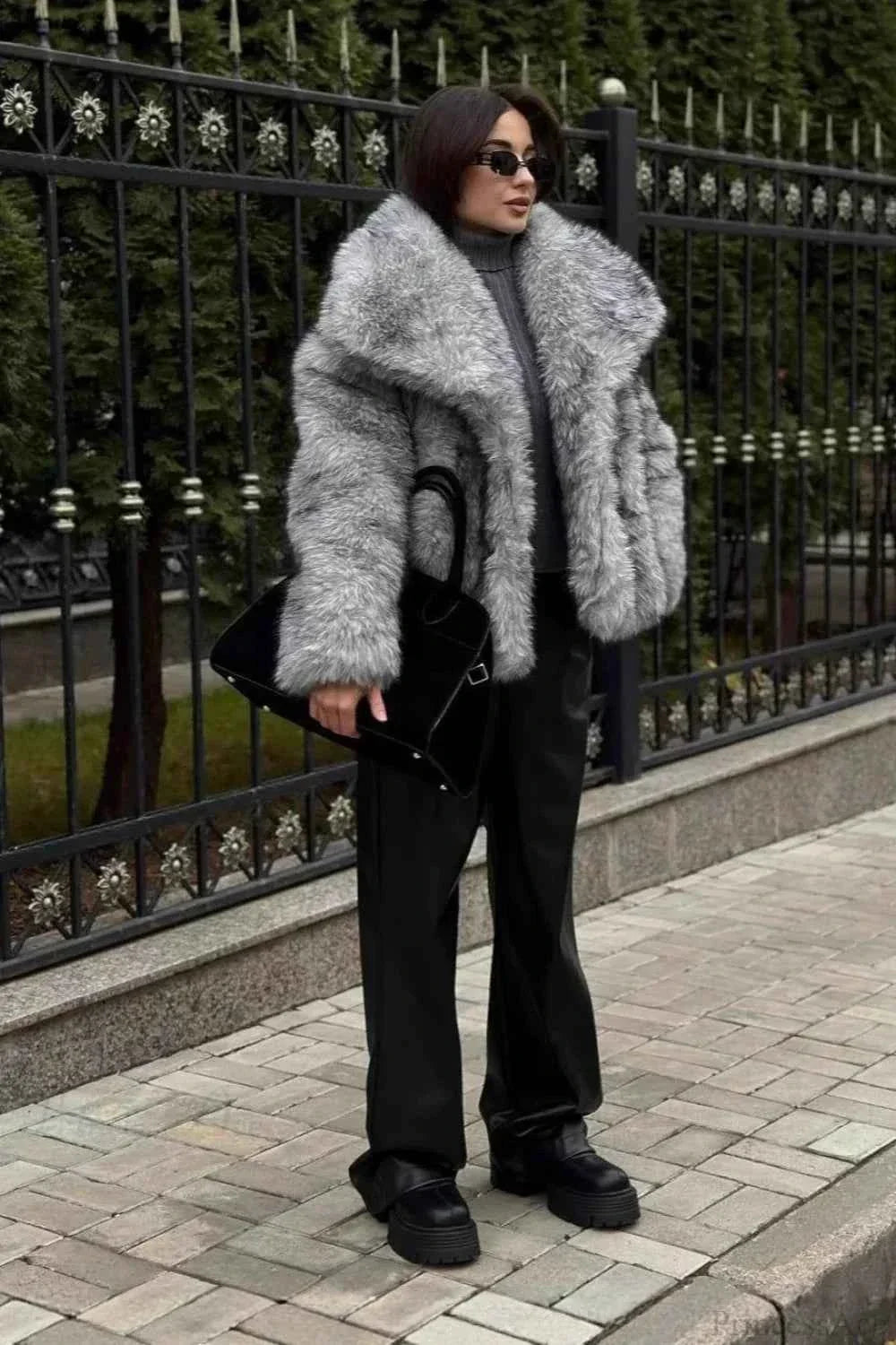 Short Faux Fur Coat with Lapel Collar and Long Sleeves