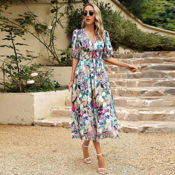 Clementine - V-Neck Printed Midi Dress