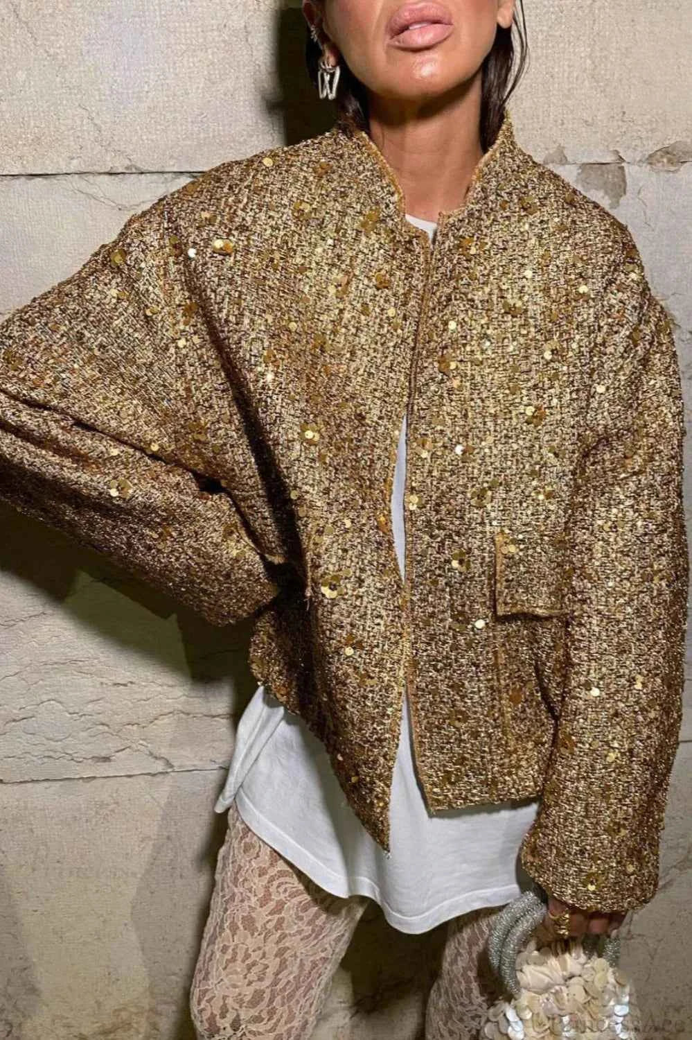 Sequin Coat with Stand Collar and Flap Pockets
