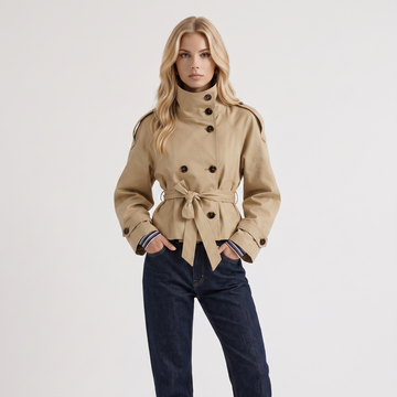 Women's Cropped Trench Coat - Beige Short Jacket with Belt