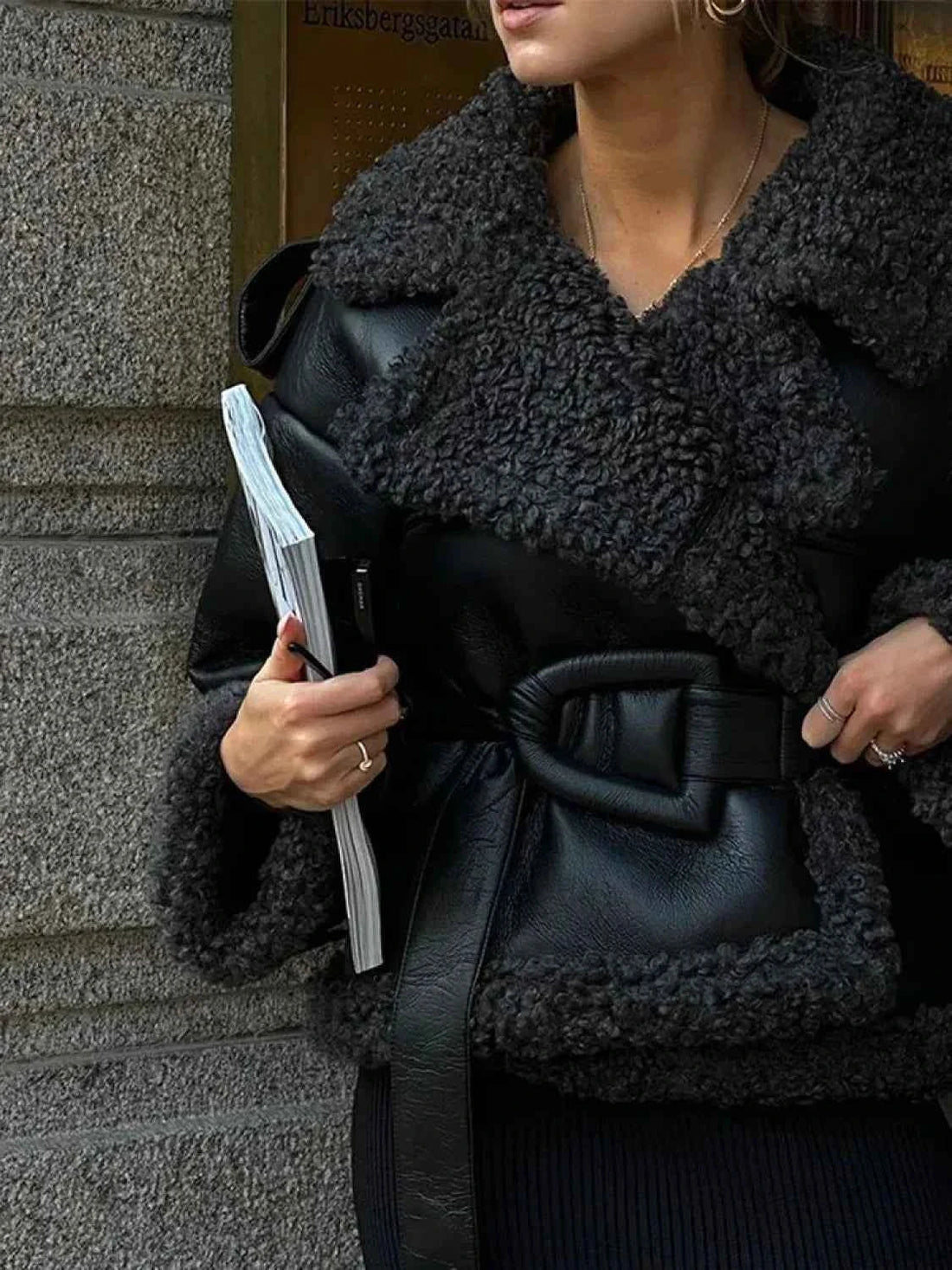 Long Faux Fur Coat with Leopard Print and Lapel Collar