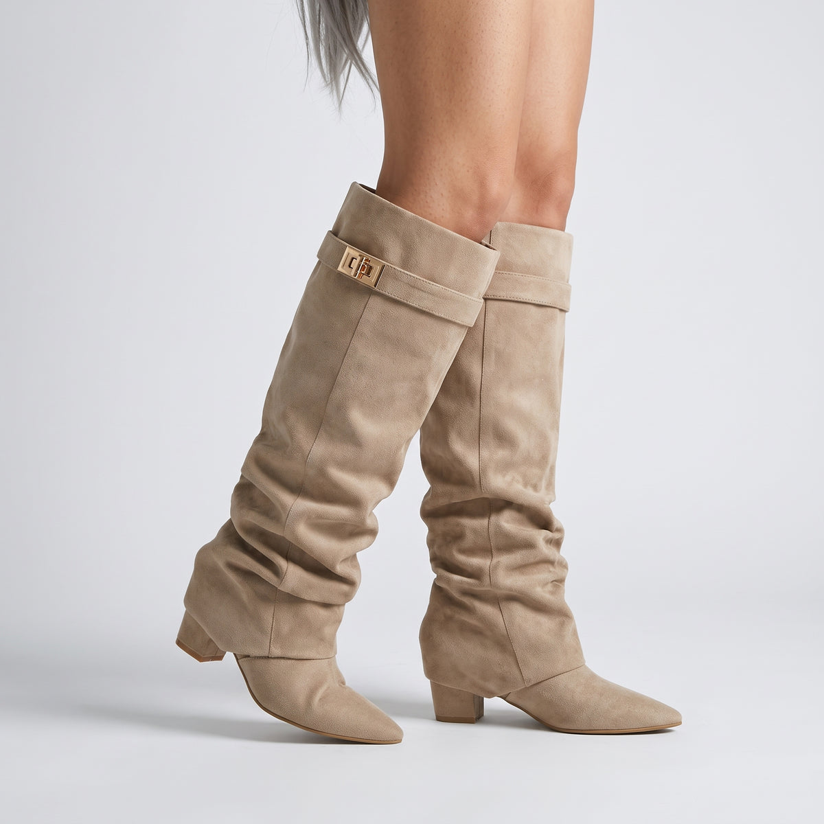Suede Knee-High Boots — Beige