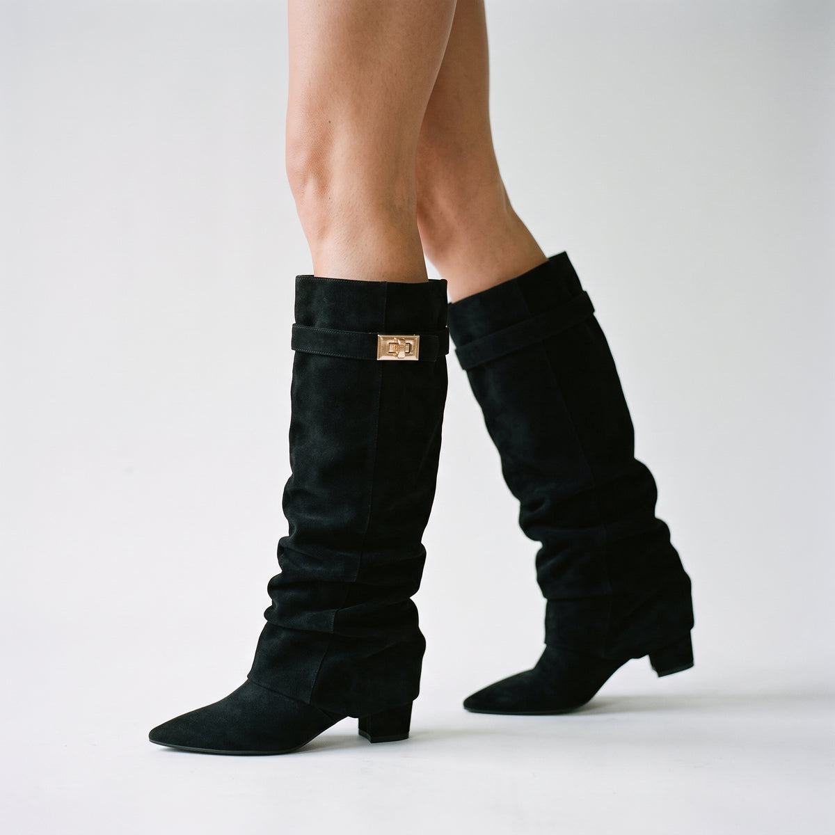 Suede Knee-High Boots — Black
