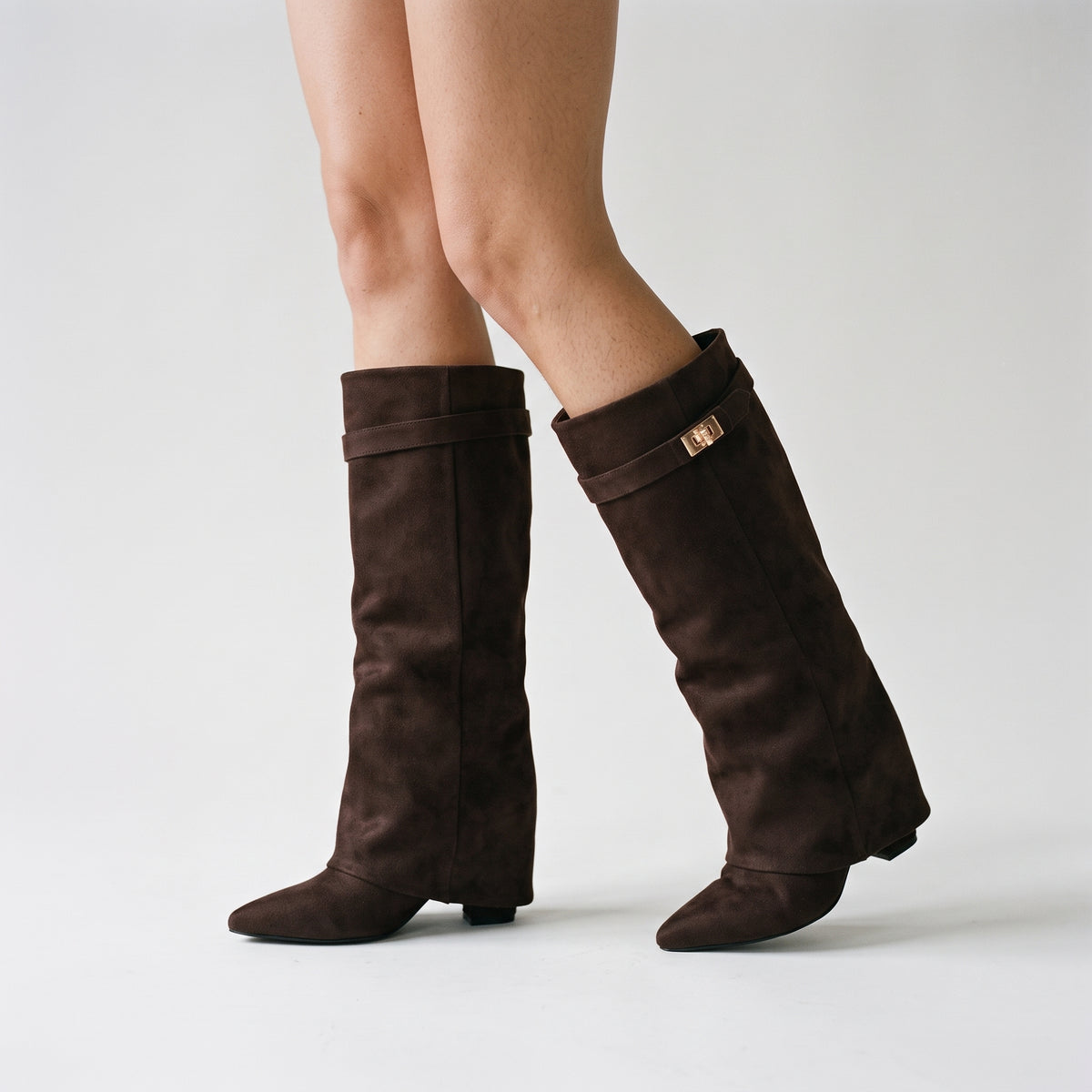 Suede Knee-High Boots — Brown