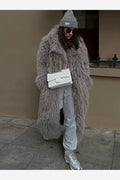 Women's Grey Fluffy Polyester Overcoat