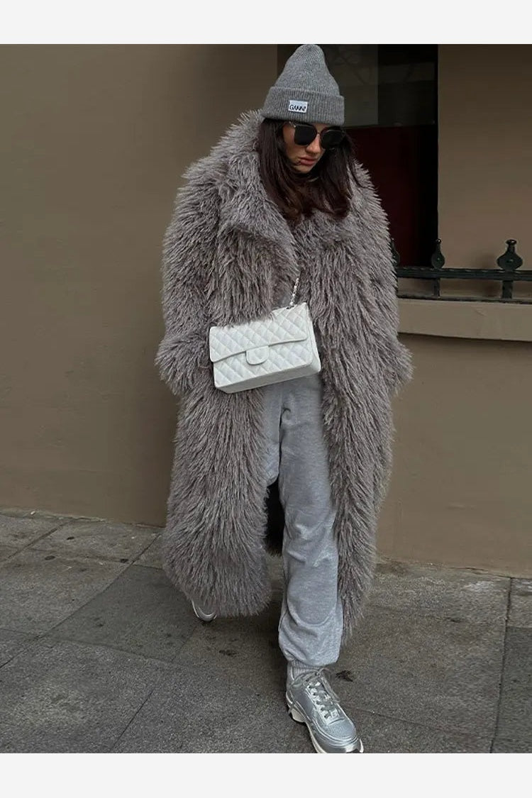 Women's Grey Fluffy Polyester Overcoat