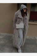 Women's Grey Fluffy Polyester Overcoat