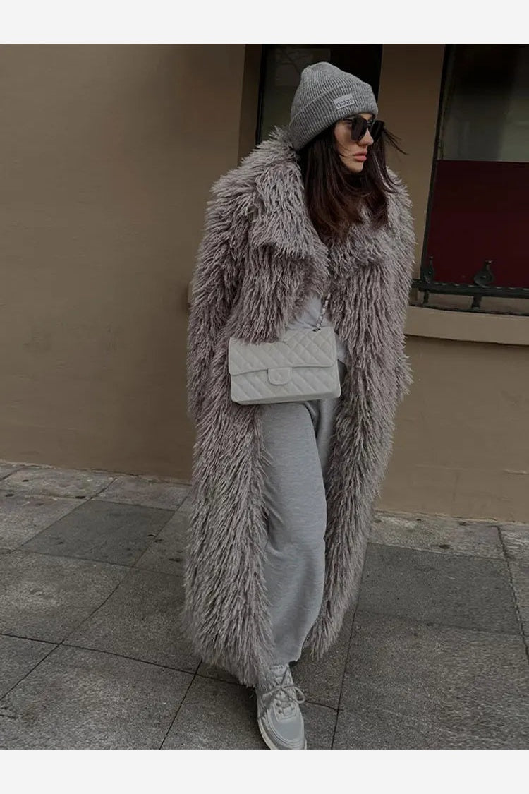 Women's Grey Fluffy Polyester Overcoat