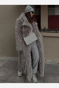 Women's Grey Fluffy Polyester Overcoat