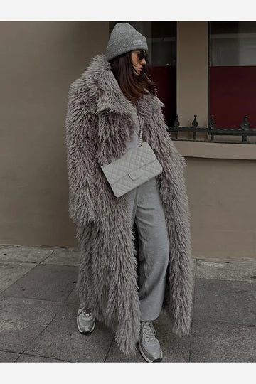 Women's Grey Fluffy Polyester Overcoat