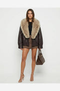 Brown Leather Jacket with Detachable Trim