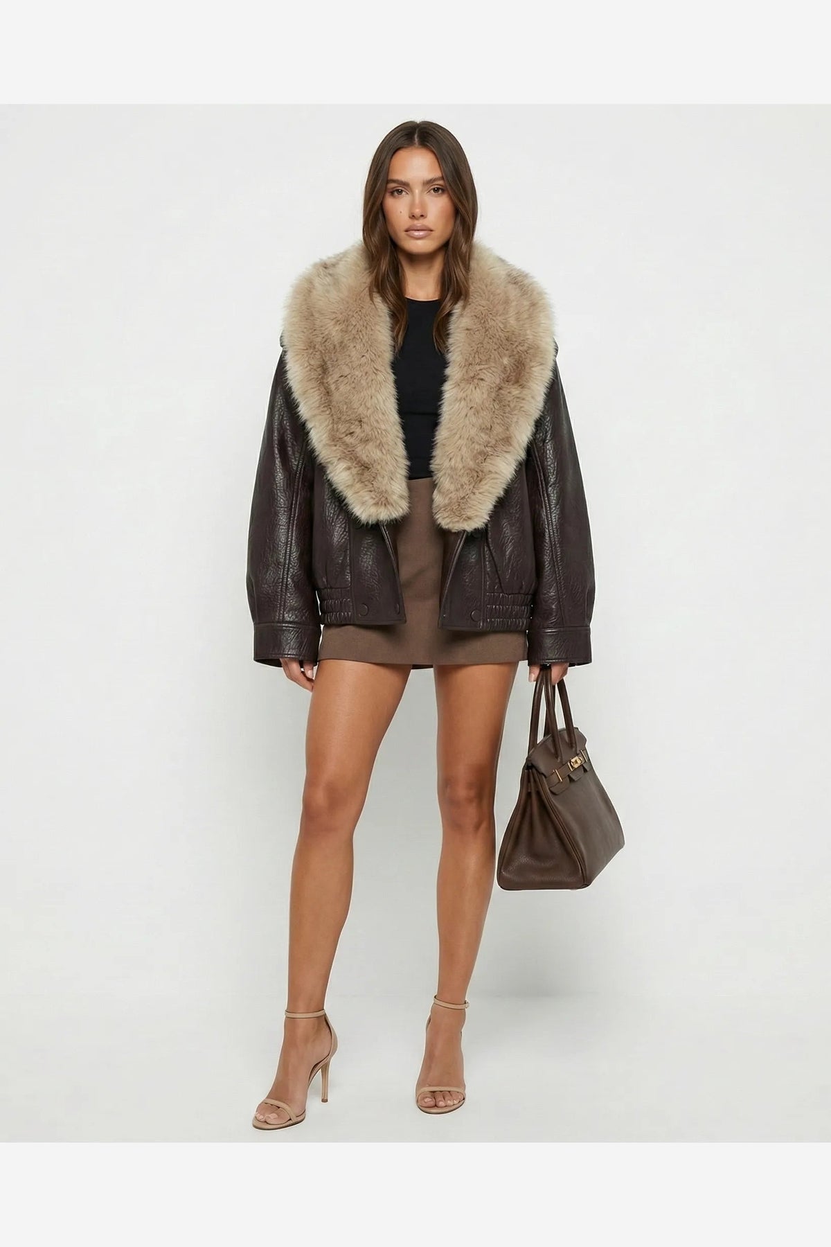 Brown Leather Jacket with Detachable Trim