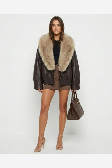 Brown Leather Jacket with Detachable Trim