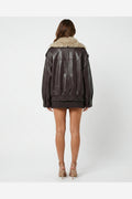 Brown Leather Jacket with Detachable Trim