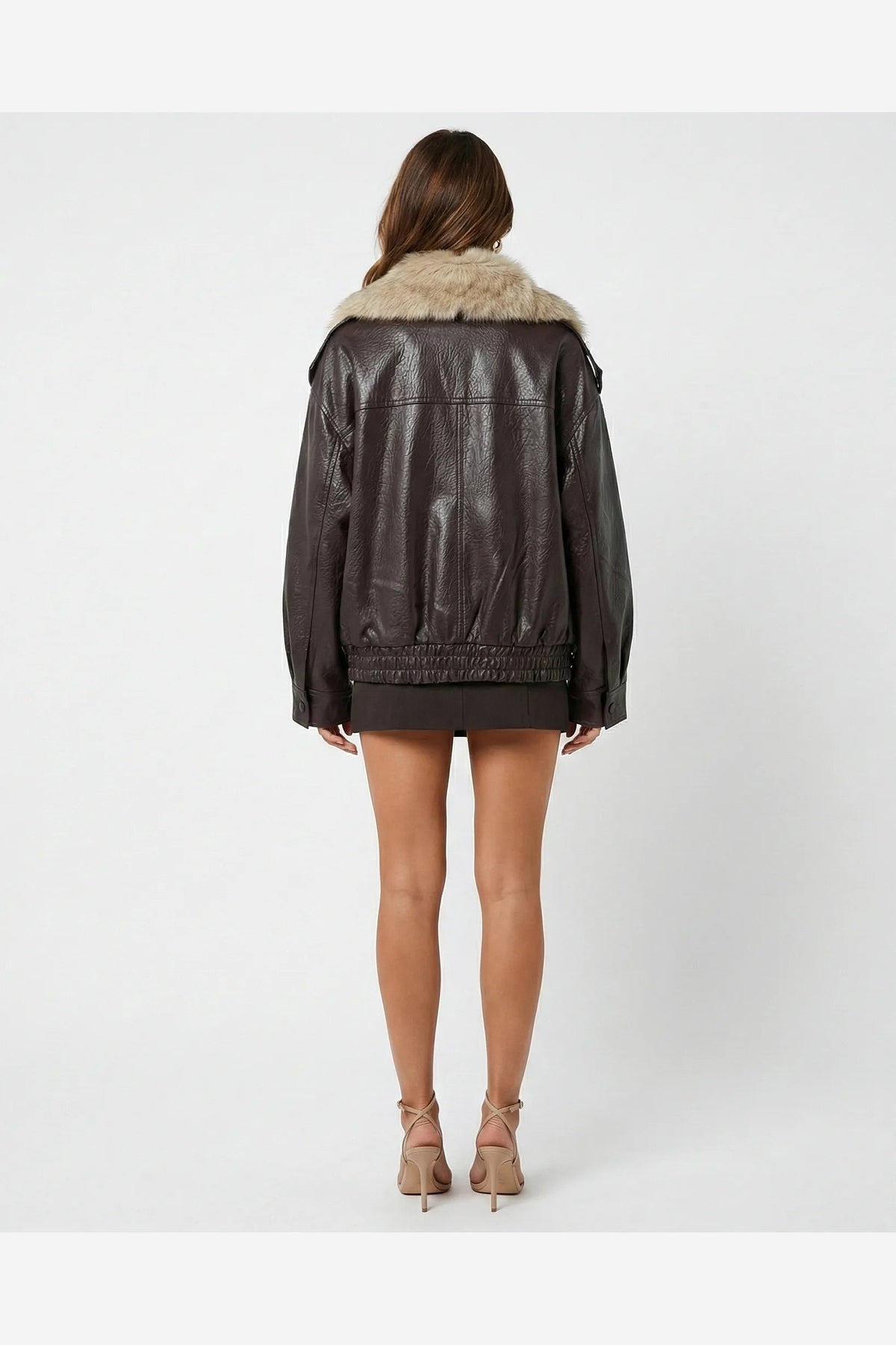 Brown Leather Jacket with Detachable Trim