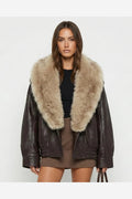 Brown Leather Jacket with Detachable Trim