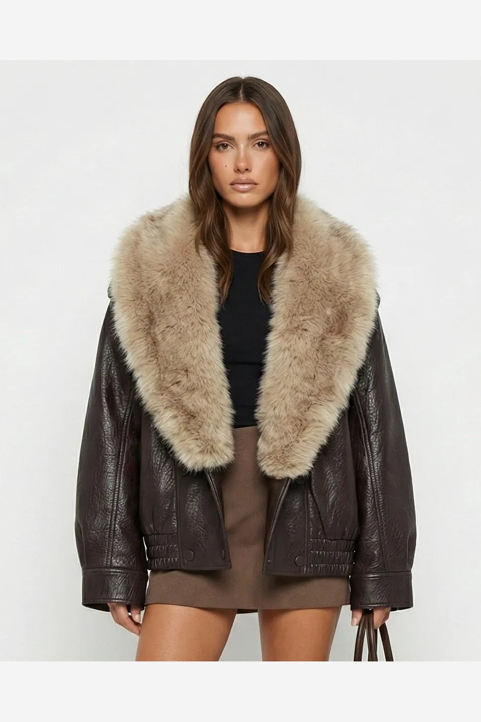 Brown Leather Jacket with Detachable Trim