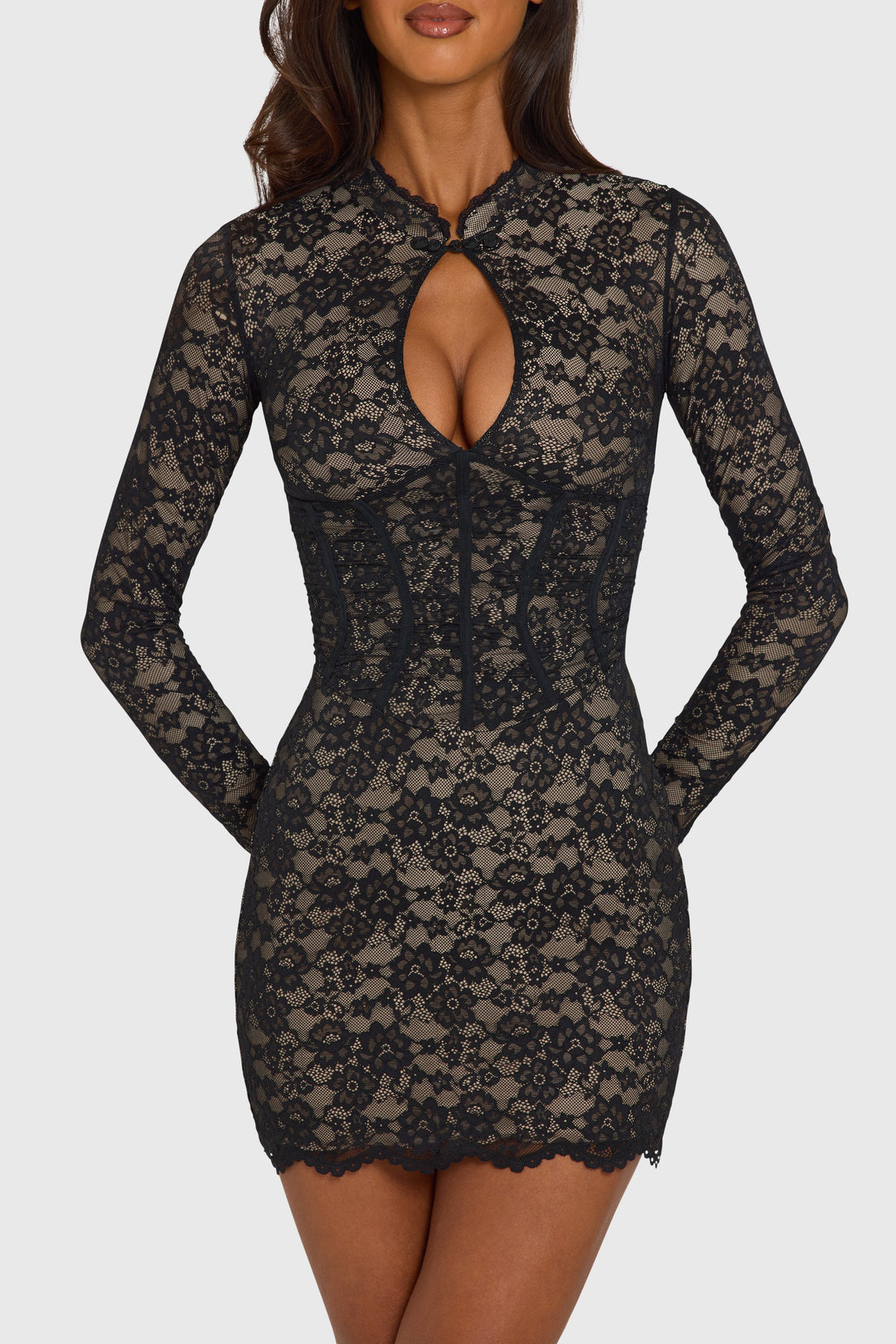 Lace Cut-Out Long-Sleeve Mini Dress in Black