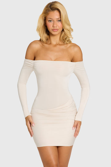 Off-Shoulder Long-Sleeve Mini Dress in Snow