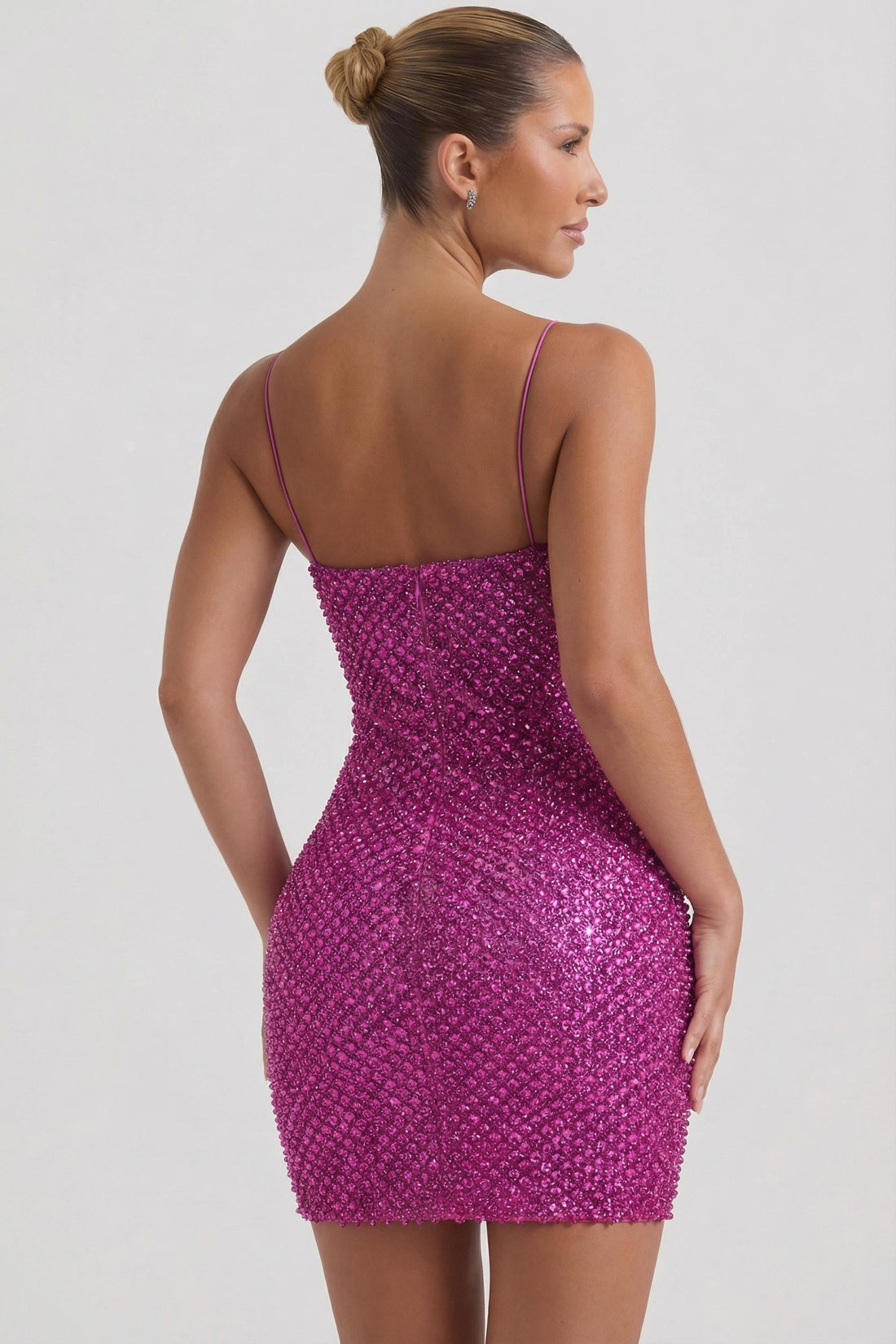 Embellished Sweetheart-Neck Mini Dress in Magenta
