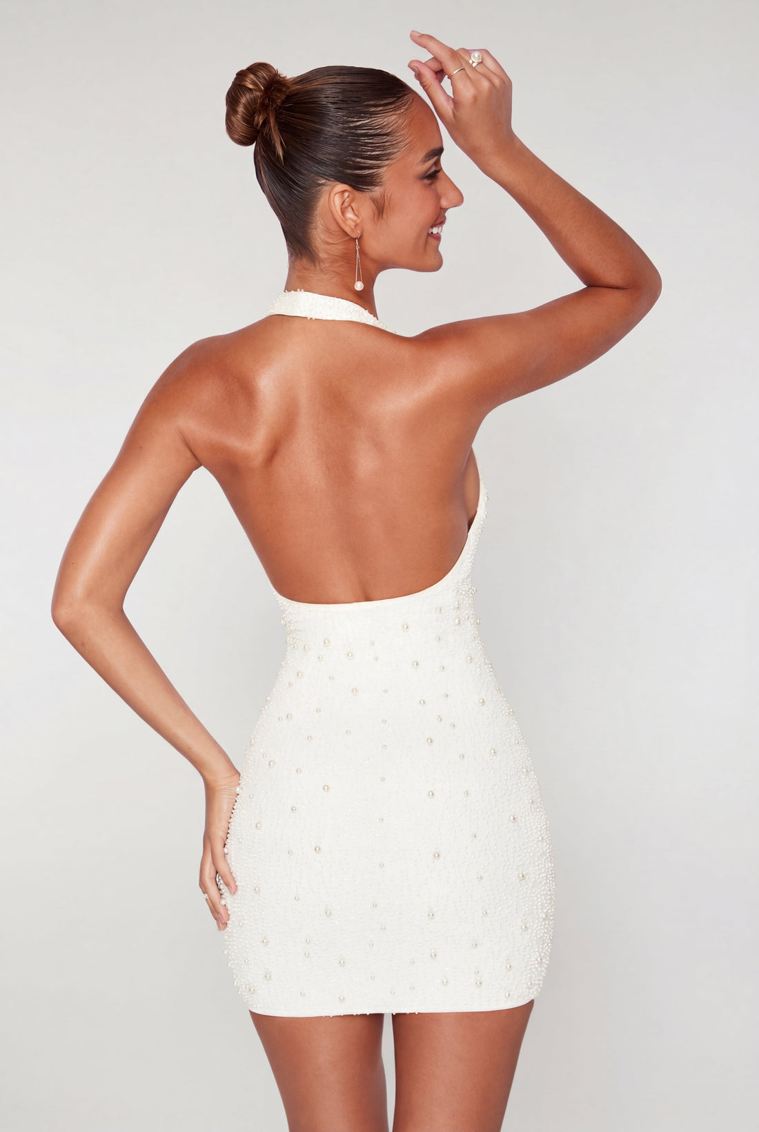 Deep Plunge Embellished Mini Dress in Snow