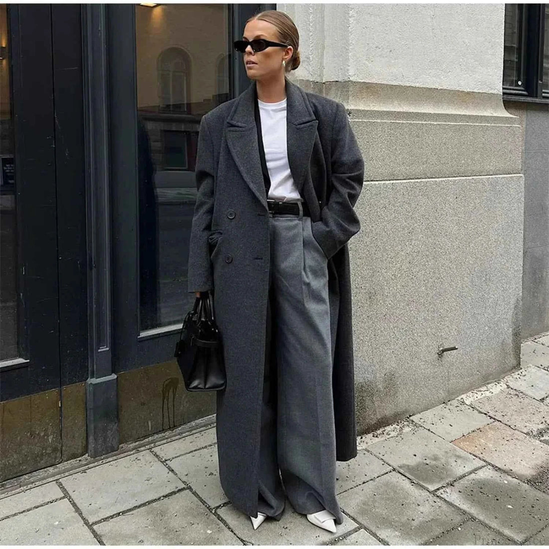Ribbed Double-Breasted Brushed Coat with Turn-Down Collar