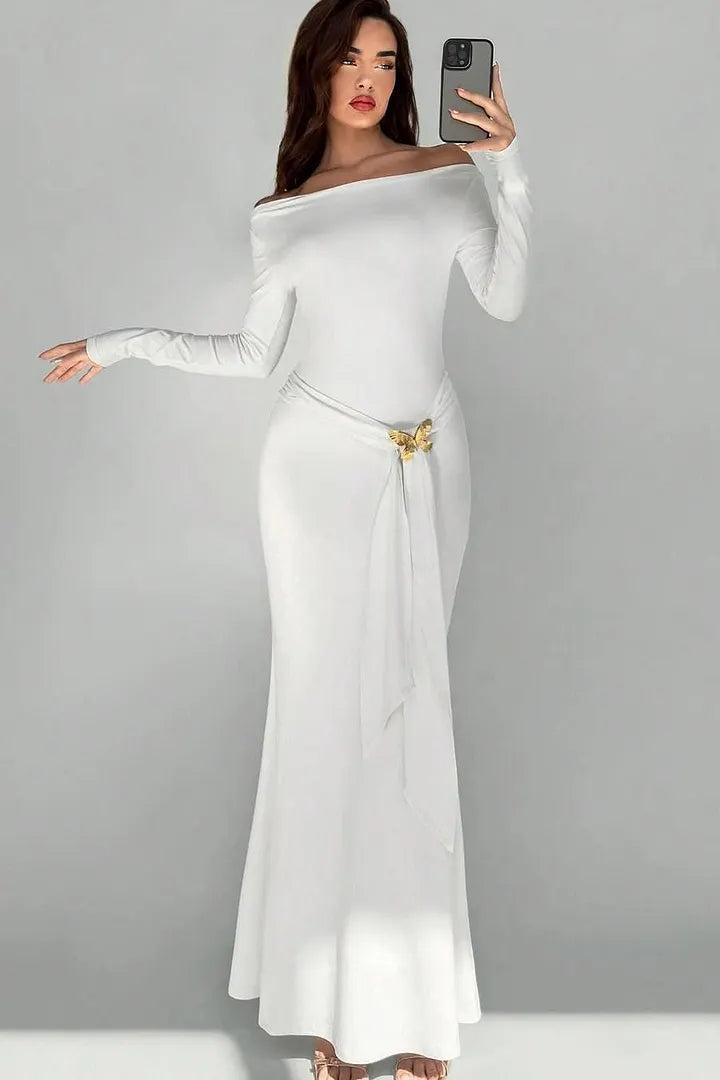 Off-Shoulder Butterfly Tie Maxi Dress