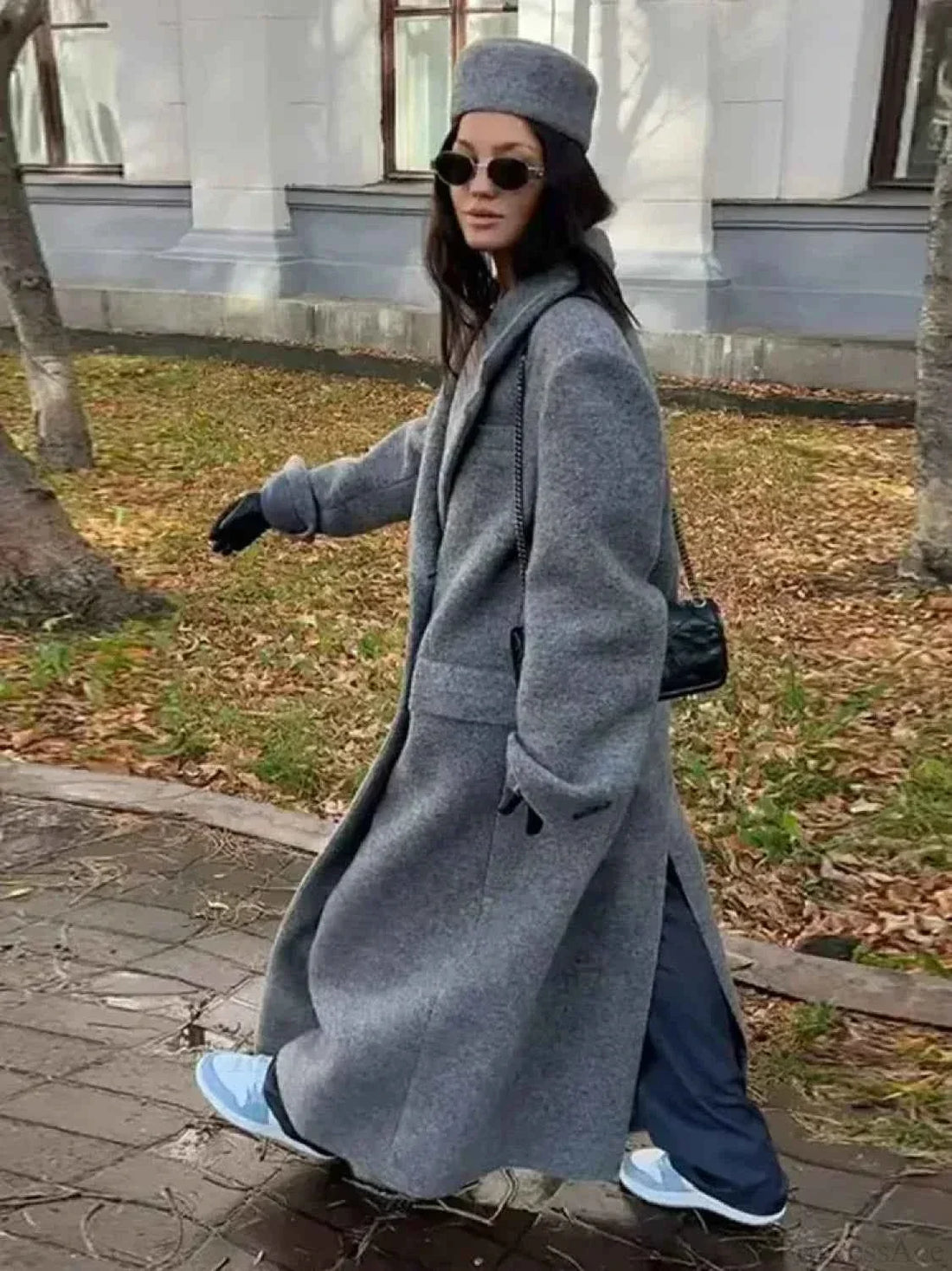 Double-Breasted Brushed Coat with Deep V-Neck