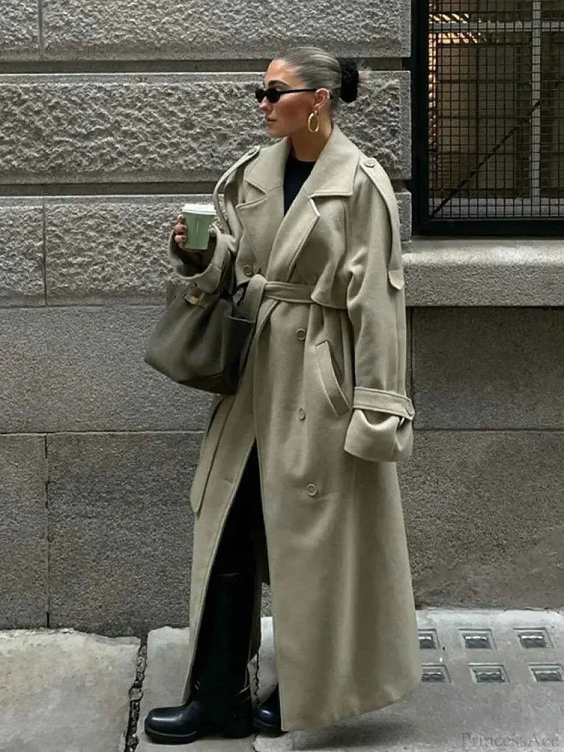 Long Double-Breasted Coat with Ribbed Collar Detail