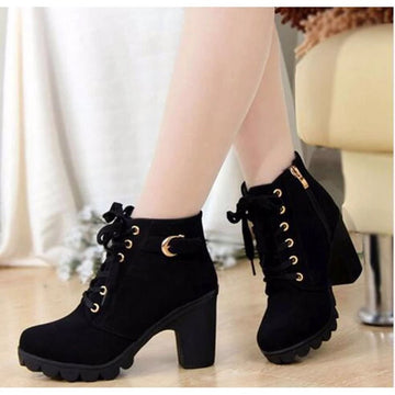 Women's Ankle Boots with Laces, Block Heel and Gold Buckle