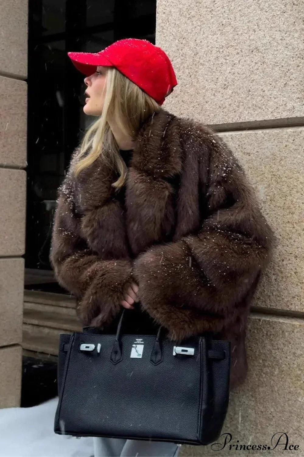 White Tip-Dyed Faux Fox Fur Mid-Length Coat