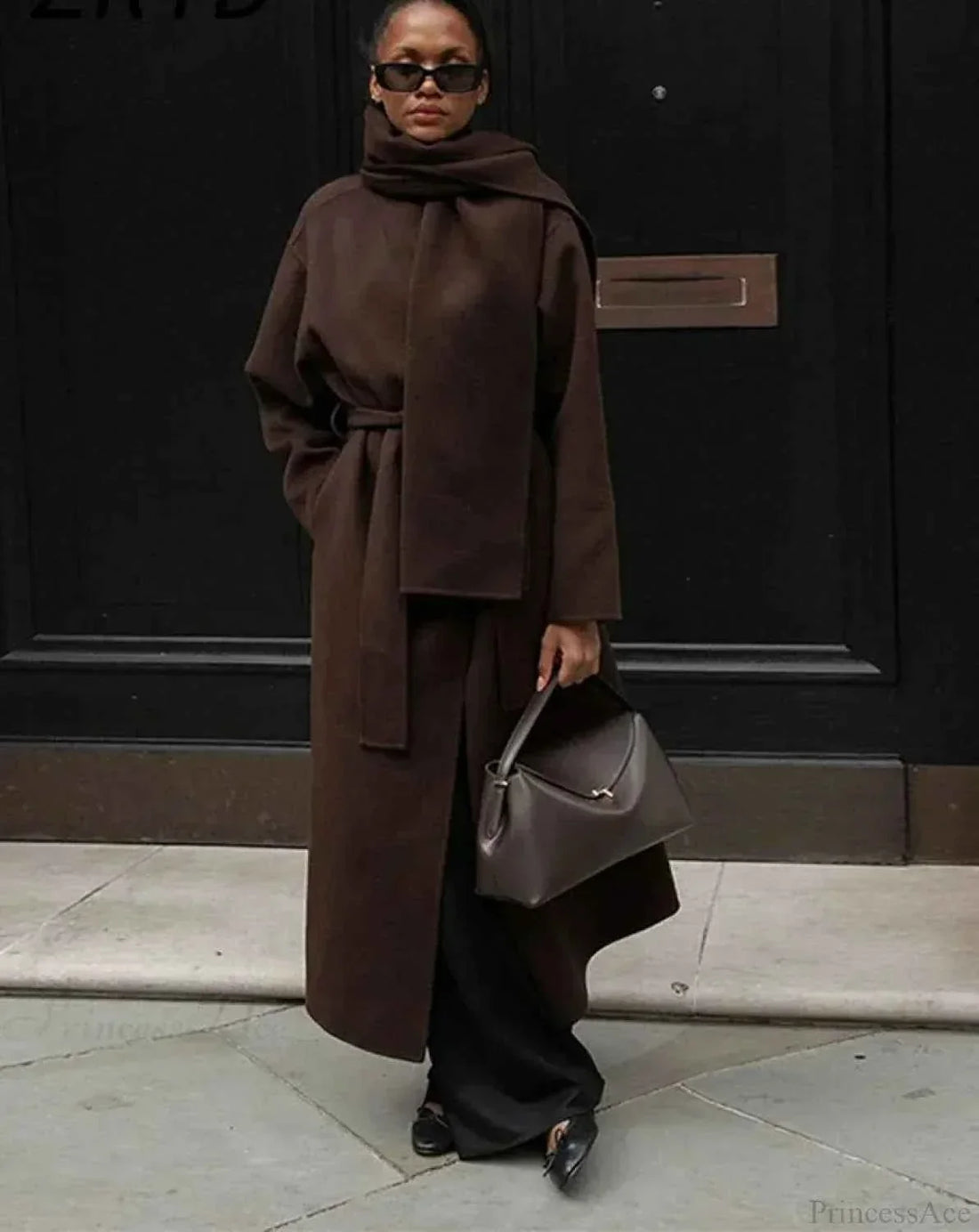 Brushed Coat with Scarf Collar, Tie Waist and Bow Detail
