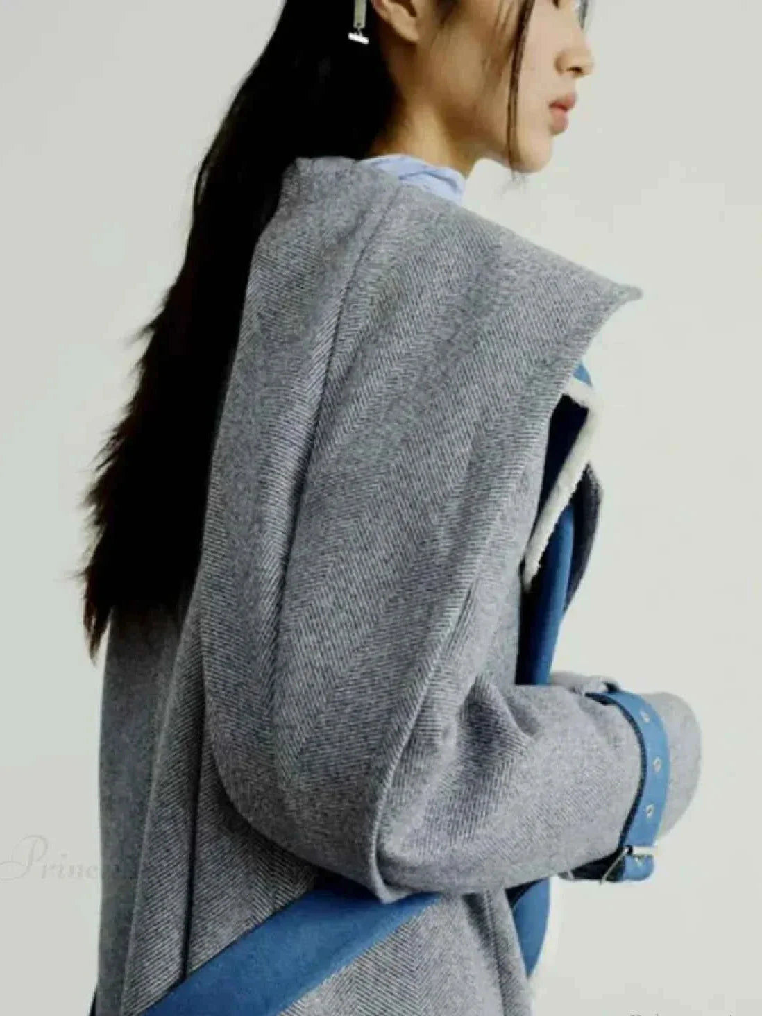 Long Coat with Detachable Contrast Panel and Turn-Down Collar